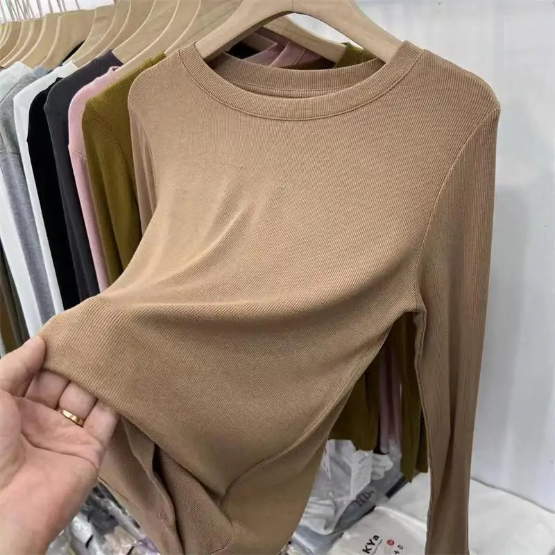 Outono Escritório Senhora Básica Gola Redonda Slim T-Shirt Feminina Cor Sólida Multicor Tendência Versátil Casual Top Manga Longa Elástico Canelado