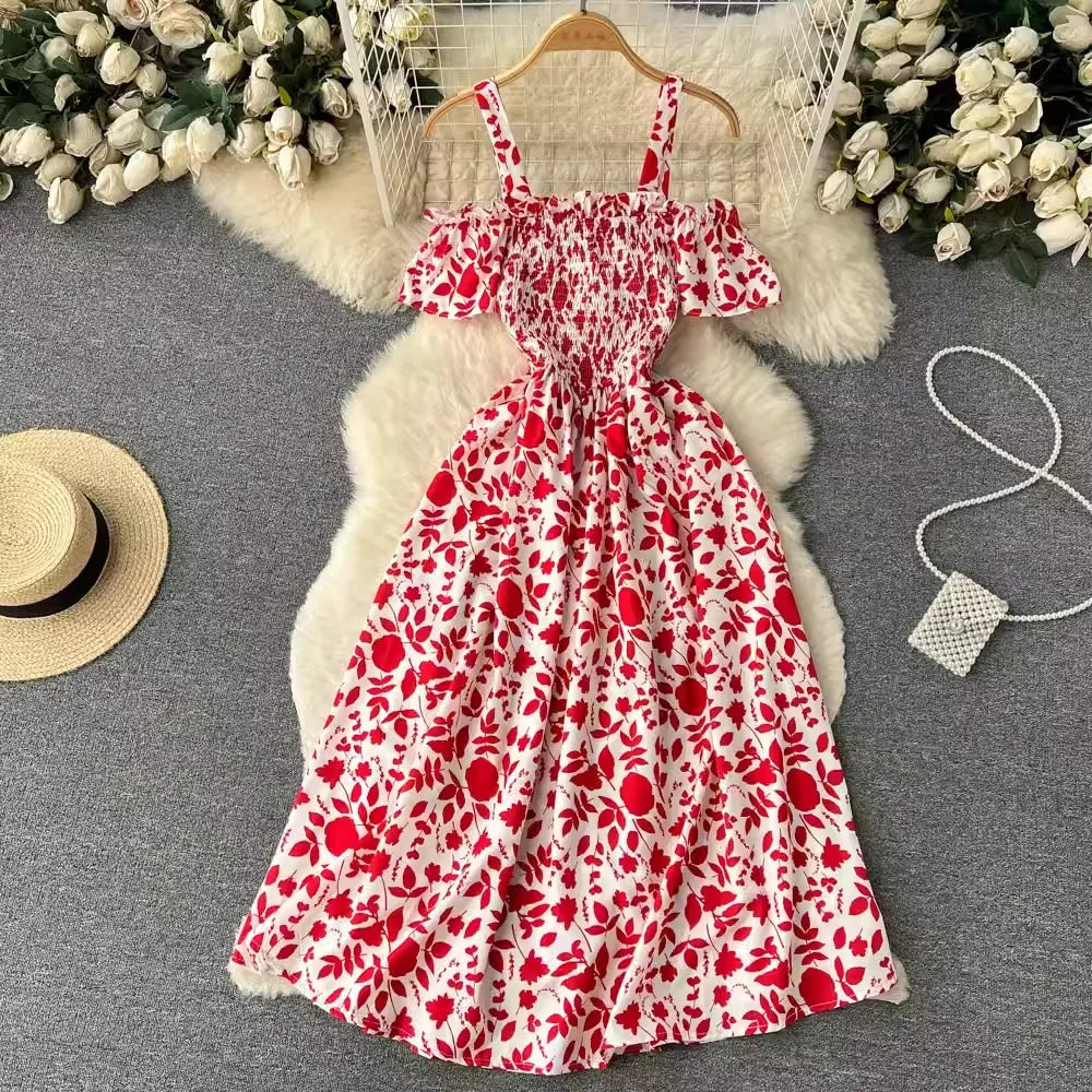 Romantic Floral Print Long Summer Dress Women Fashion Off Shoulders Straps Vacation Beach Dress Korean Party Vestidos