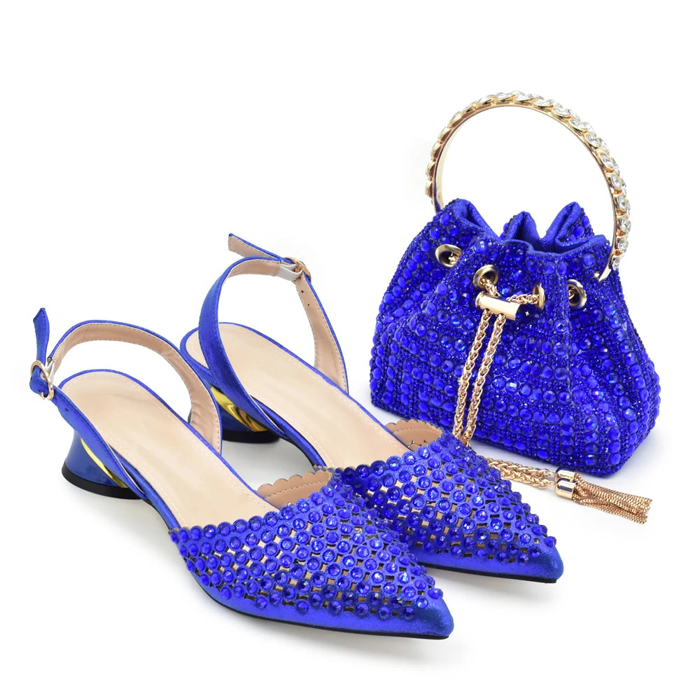 Fashion Italian Shoes with Matching Bags Set with Rhinestone African Shoes for Women Mid Heels Party Pumps Plus Size Heels 43