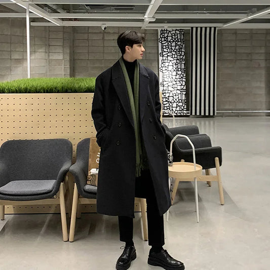 2023 New Men's Medium-Length Thickened Jacket With Double-Row Button High-End Feel Korean Style Woolen Overcoat For Autumn Winte