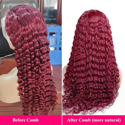 13x6 99j Burgundy Lace Front Wigs Human Hair Deep Wave 250 Density Transparent Frontal Wigs Pre Plucked Red Curly Wigs for Women