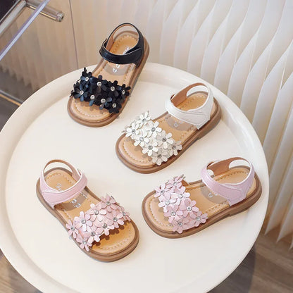 Little Girls Floral Bohemian Sandals with Beads Princess Sweet Kids Summer Shoes Open Toes Anti-skid Size 22-31Hook & Loop Cute