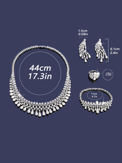 2025 New 4-piece Cubic Zirconia With Pealr Tassel African Blue Bridal Jewelry Set Dubai Necklace Set Women's Wedding Party