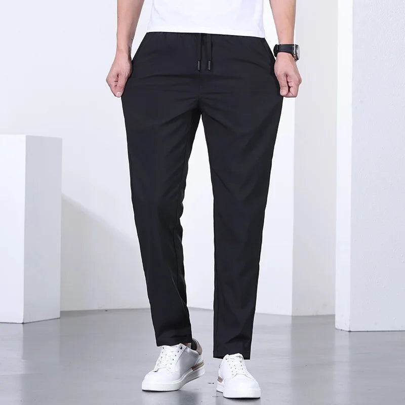 Men Summer Thin Ice Silk Pants Loose Style Workwear Casual Quick Dry Sports Pants Long Breathable High Elasticity