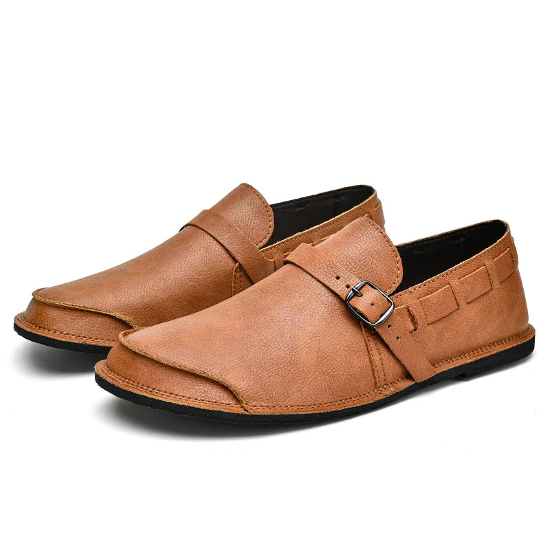 Sapatos Masculinos de Couro com Bico Largo e Sem Cadarço, Flats Casuais Minimalistas Antiderrapantes Primavera Verão Outono