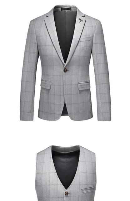 ( Jacket + Vest + Pants ) Fashion Boutique Plaid Mens Casual Business Suit Groom Wedding Dress Formal Slim Plaid Suit