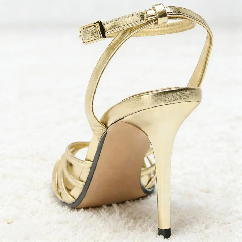 Sexy Gold Hollow Narrow Band High Heel Sandal Women Fashion Ankle Strap Buckle Thin Heel Designer Shoe Elegant Dinner Dress Shoe