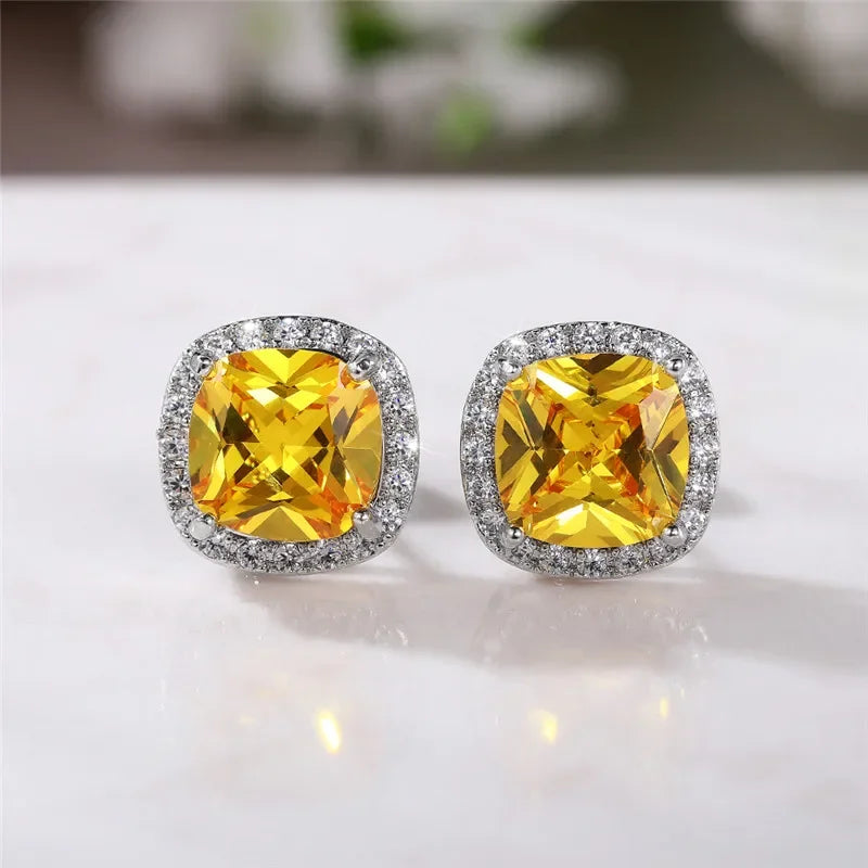 Ne'w Bright White/Yellow/Pink CZ Stud Earrings for Women Fashion Contracted Jewelry High Quality Wedding Engagement