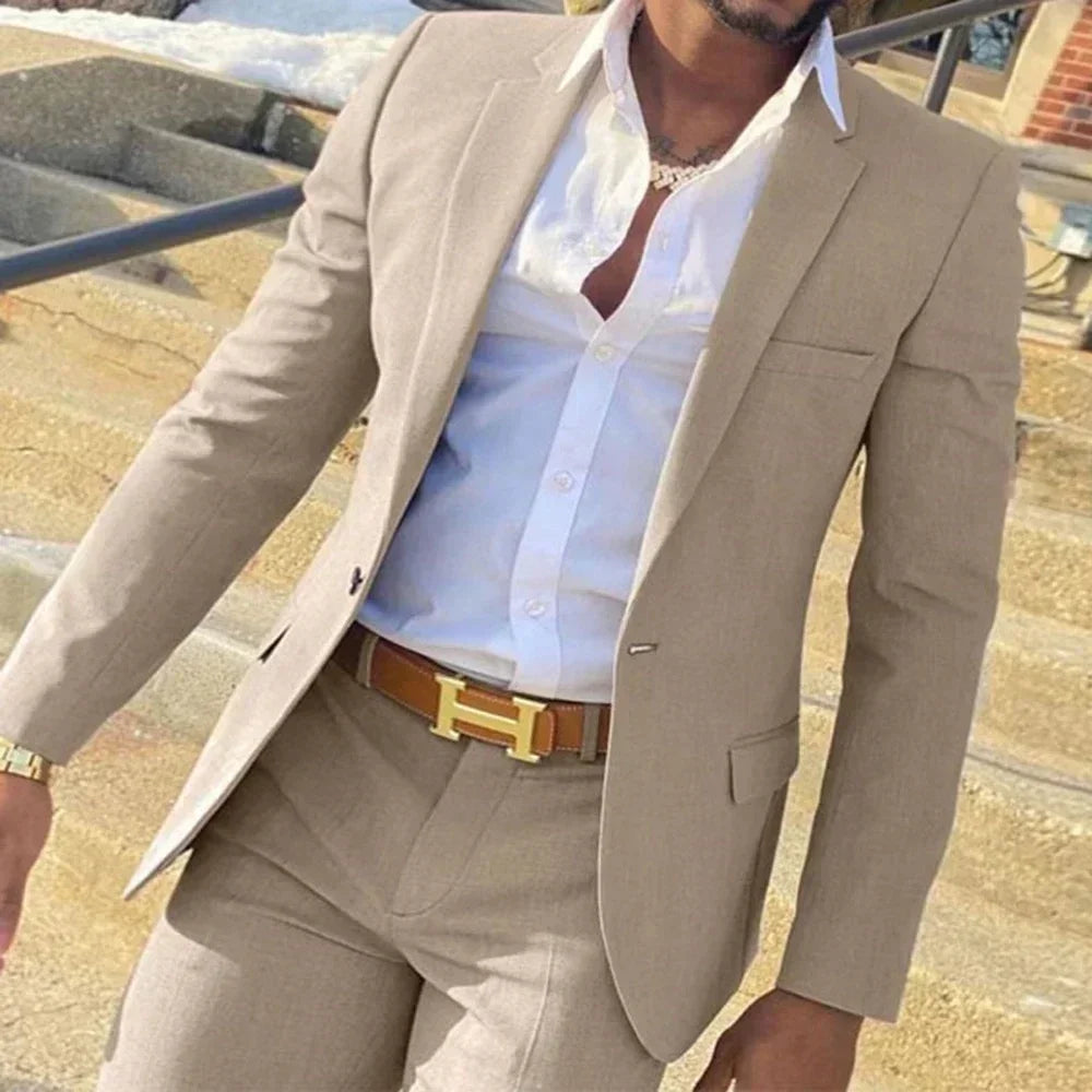 Ternos Masculinos Azul-Celeste2 Peças Traje Homme Verão Praia Lapela Padrinhos Ternos Cor Sólida Masculino Casamento Formatura Ternos Jaqueta+Calça
