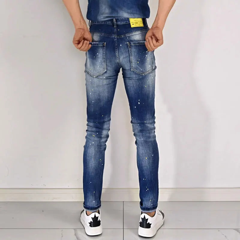 Street Fashion Men Jeans Retro Blue High Quality Elastic Skinny Fit Ripped Jeans Men Patched Designer Hip Hop Brand Pants Hombre