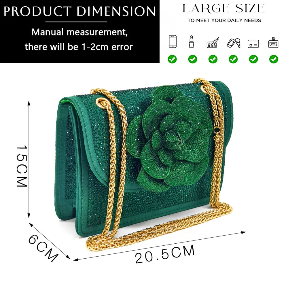 Evening Shoes and Bags Set with Full Diamond Handmade Petal Clutches Pointed Toe Peach Color Mid-Heel Women Shoes