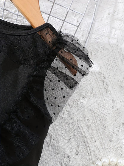 Girls Summer Casual Fashion Flying Sleeve Bow Dot Flocking Mesh Dress Beach Wedding Holiday Party Princess Dress Gift