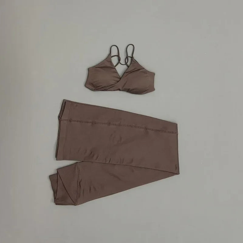2Pcs Sports Set Women Seamless Front Tie Crossover Bra Crossover Waist Flare Leggings Sets Gym Fitness Workout Sports Sets