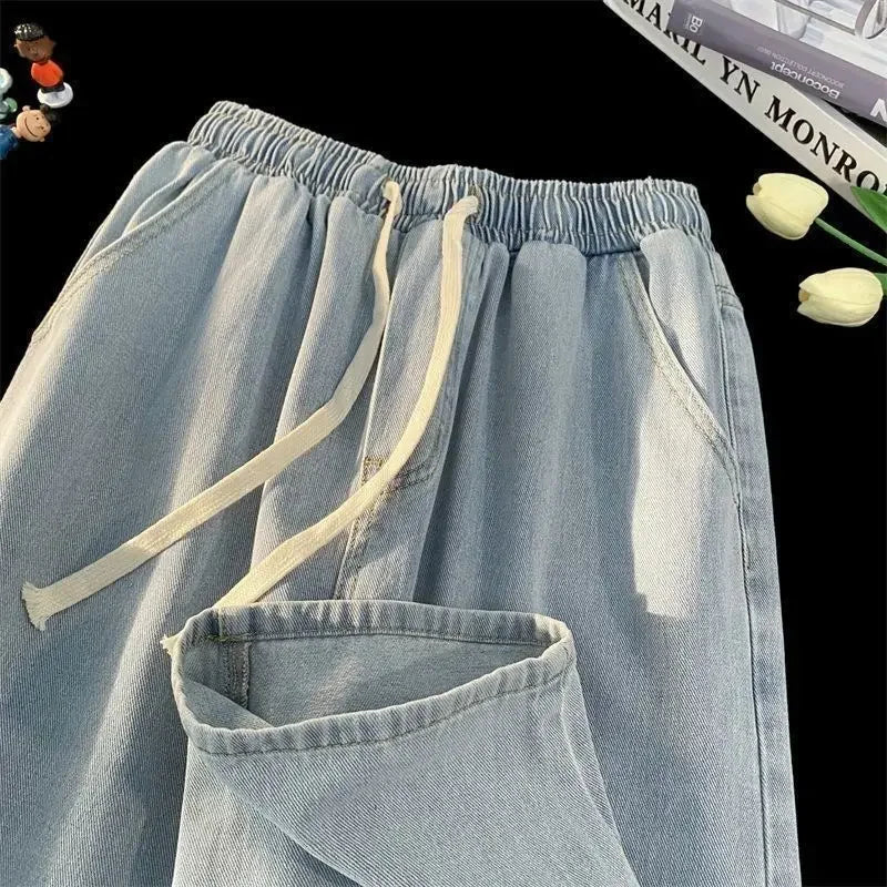 Loose Fit High Waist Elastic Waistband Summer Thin Denim Jeans Women Straight Leg Nine-Tenths Length Trendy American Street Styl
