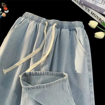 Loose Fit High Waist Elastic Waistband Summer Thin Denim Jeans Women Straight Leg Nine-Tenths Length Trendy American Street Styl