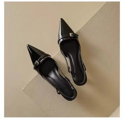 2025 French Pointed Sandals Burgundy Patent Crisscross Straps Metal Decor Slim Heel Open-Back Fairy Sandals
