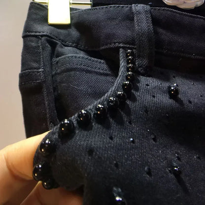 European 2025 Hollow Lace Jeans Women Summer New Black Lace Denim Pants Heavy Industry Beads Hot Diamond Denim Splicing Crochet