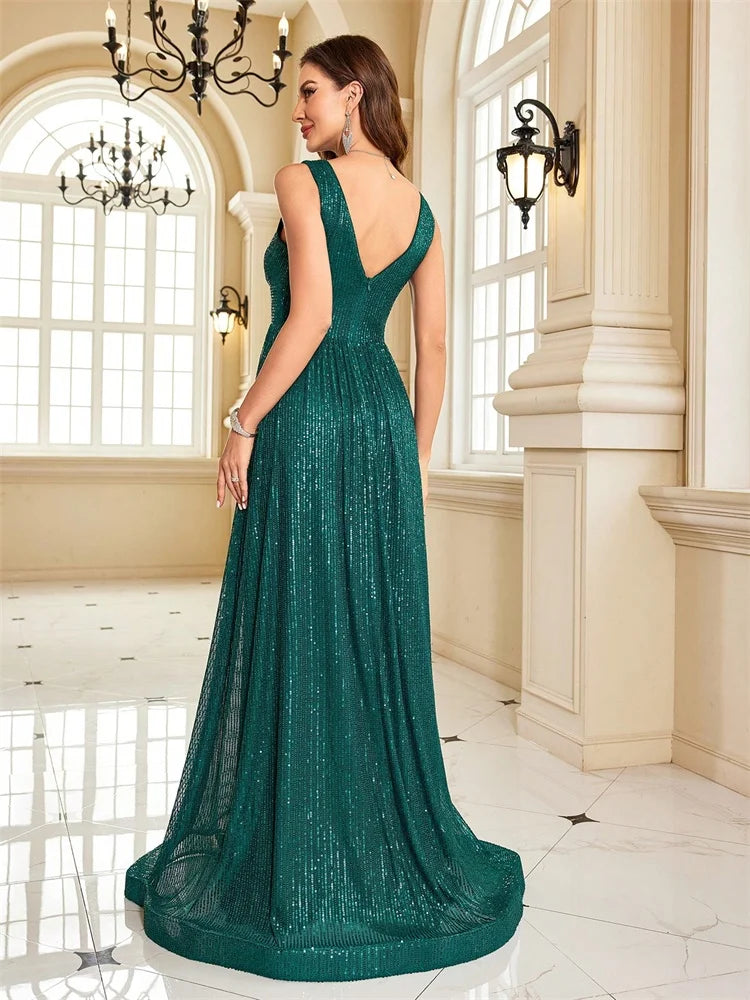Women Luxury V-Neck Sleeveless Green Formal Evening Dresses Sequins 2025 Wedding Party Prom Maxi Cocktail Dress Vestido