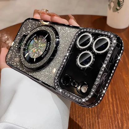 Plating transparent diamond glitter magnetic phone case for iPhone 17 16 13 14 15 Pro Max lens protection bracket back cover