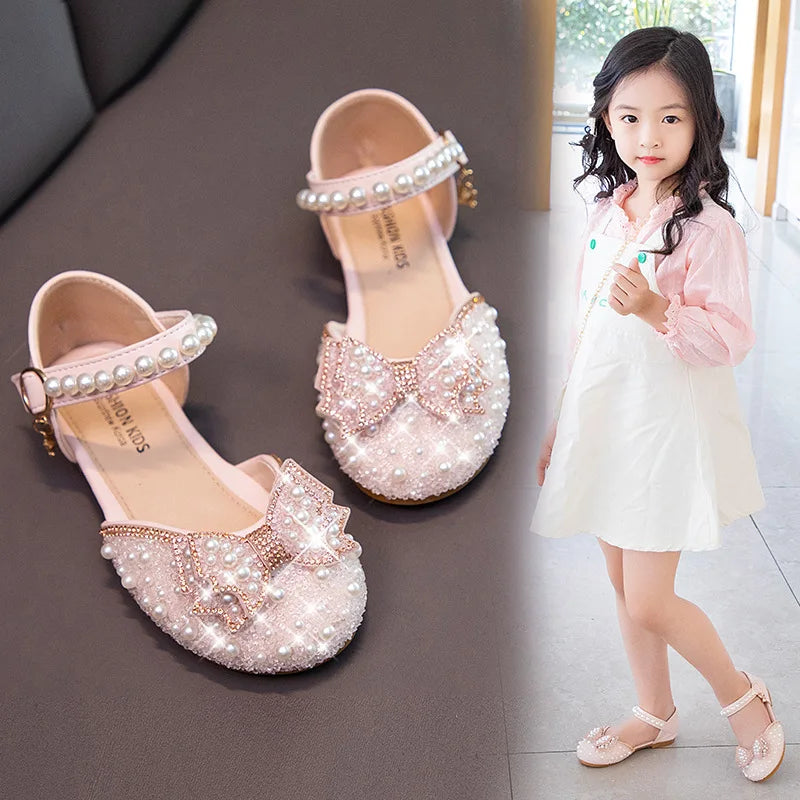 2026 Spring New Girl Sandals Cute Bow Pearl Sequins Kid Princess Shoes Flat Heels children Dancing 21-34