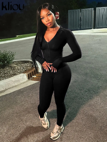 Casual Women 2 Piece Set Classic Tracksuits Solid Long Sleeve Zip-up Hood Tops+Slim Elastic Pants Sporty Concise Outfits