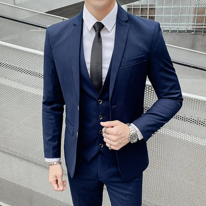 Solid Color Suit Men's Fashionable Gentleman Business Banquet Korean-style Formal Dress Casual Wedding (Blazer+Vest+Trousers)