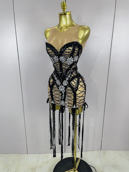Sparkle Sequins Embroider Sparking Diamonds Long Tassel Sleeveless Mini Dress Women Red Carpet Goddess Stage Performance Costume