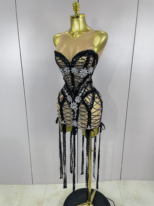 Sparkle Sequins Embroider Sparking Diamonds Long Tassel Sleeveless Mini Dress Women Red Carpet Goddess Stage Performance Costume