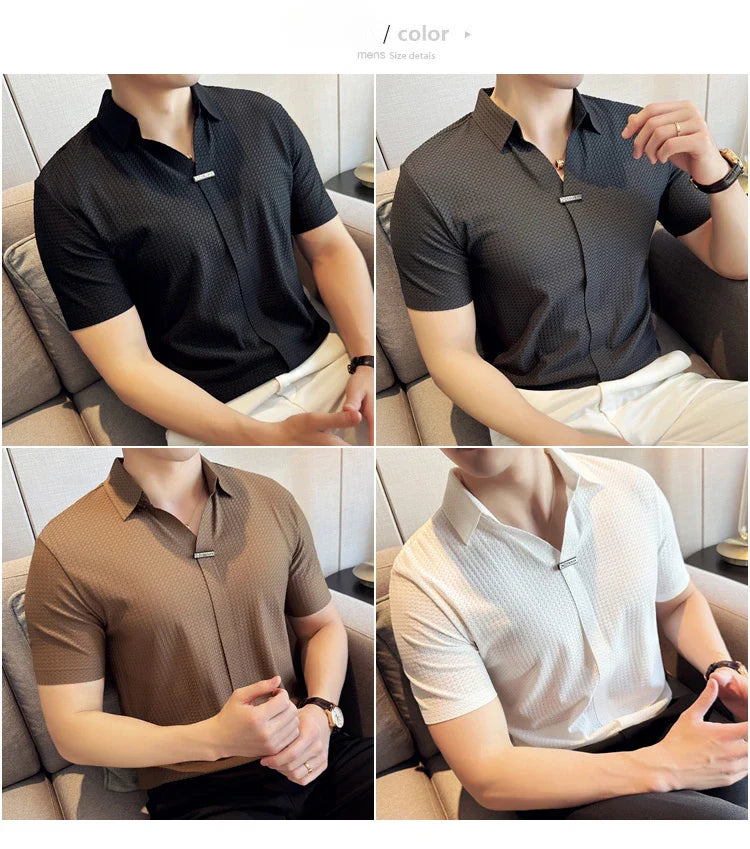 High-Grade Ice Silk Seamless Adhesive Polo Shirt, High-Elastic V-neck Thin Waffle Short-Sleeved Golf Shirt, T-shirt