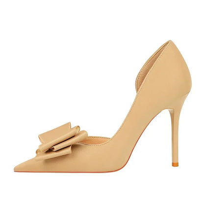2024 Women 10.5cm High Heels Sweet Korean Side Hollow Pumps Lady Party Purple Green Kawaii Bowknot Heels Prom Silk Satin Shoes