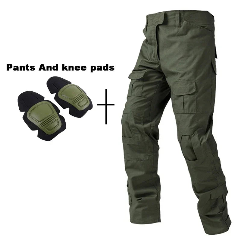 Outdoor Tactical Uniform Military Camo Hiking Training Shirts Workwear Cargo Pants+Pads Airsoft Paintball Hunting Clothes Sets