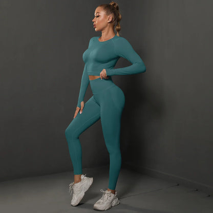 2Pcs Women Sets Energy Seamless Gym Suits Bubble Butt Sports Pants+Long Sleeve Shirts Push Up Running Sets Tracksuits Tights Set