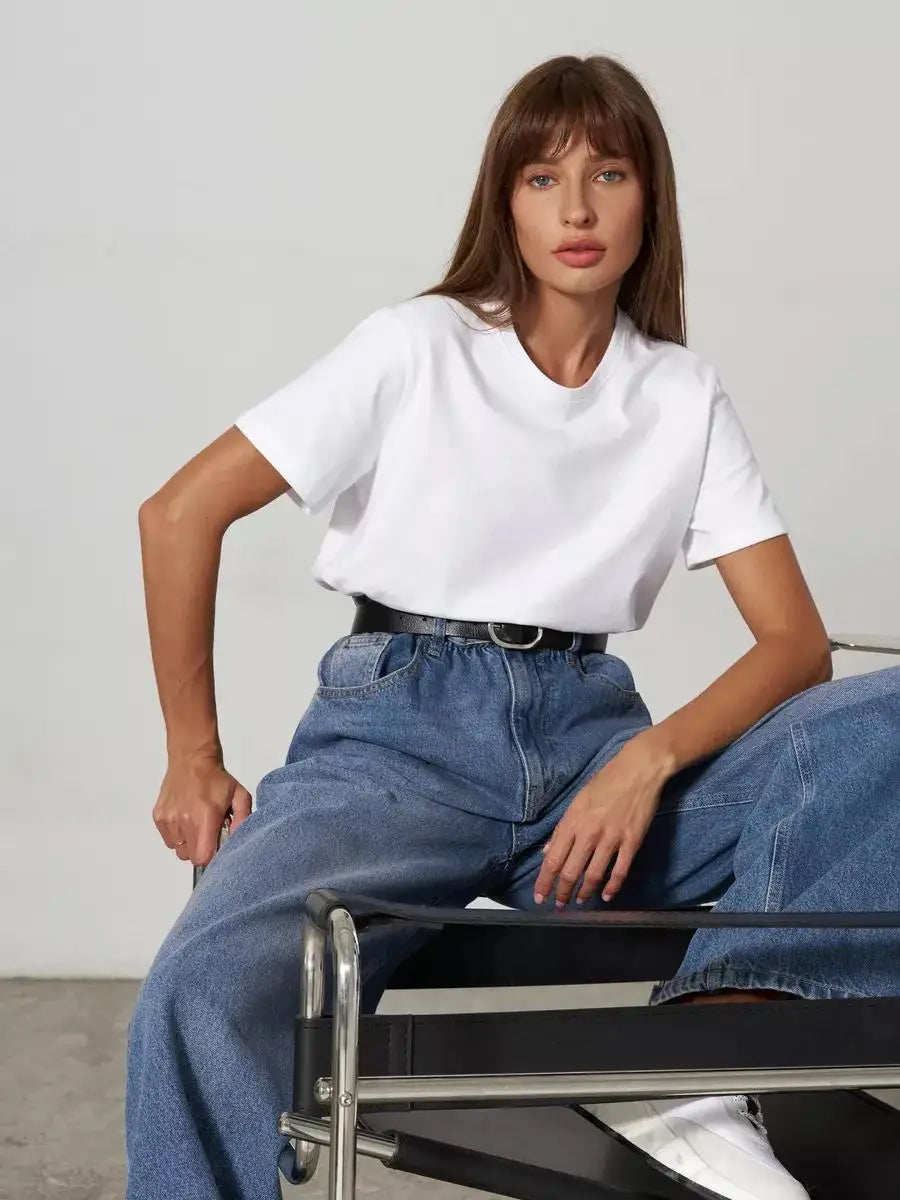Summer 100% Cotton Women's T-shirt Bottoming Basic Fashionable Solid Lady Short Sleeve Loose Tops Shirts 230g/㎡ Tops
