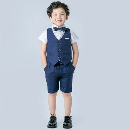 Boys Formal Birthday Photograph Suit Kids Summer Vest Shirt Short Bowtie Wedding Dress Teenager Suit Children Graduation Costume