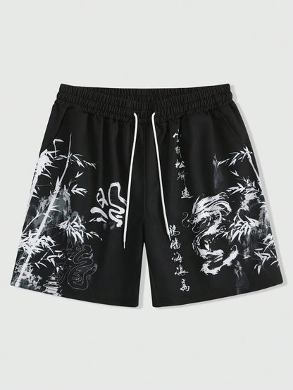 men's shorts loose and luxurious shorts 3D printed casual bamboo forest dragon print