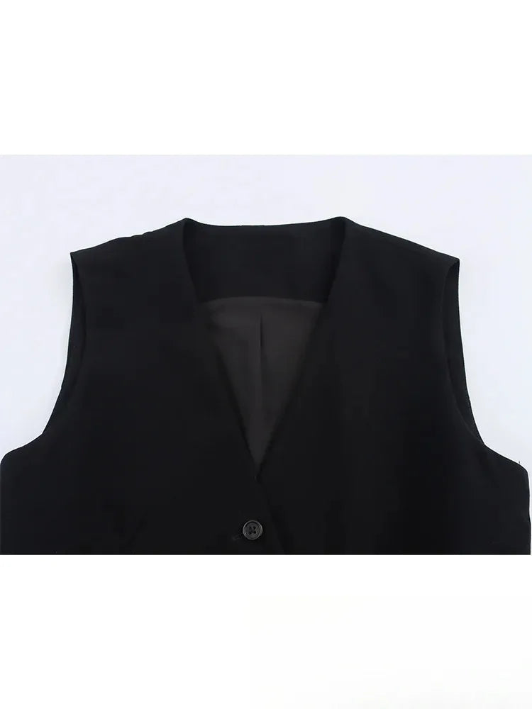 Casual Women Solid Tops Asymmetric V-Neck Single Breasted Pockects Sleeveless Vest Fashion 2025 Autumn Blazer Tops