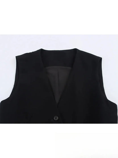 Casual Women Solid Tops Asymmetric V-Neck Single Breasted Pockects Sleeveless Vest Fashion 2025 Autumn Blazer Tops