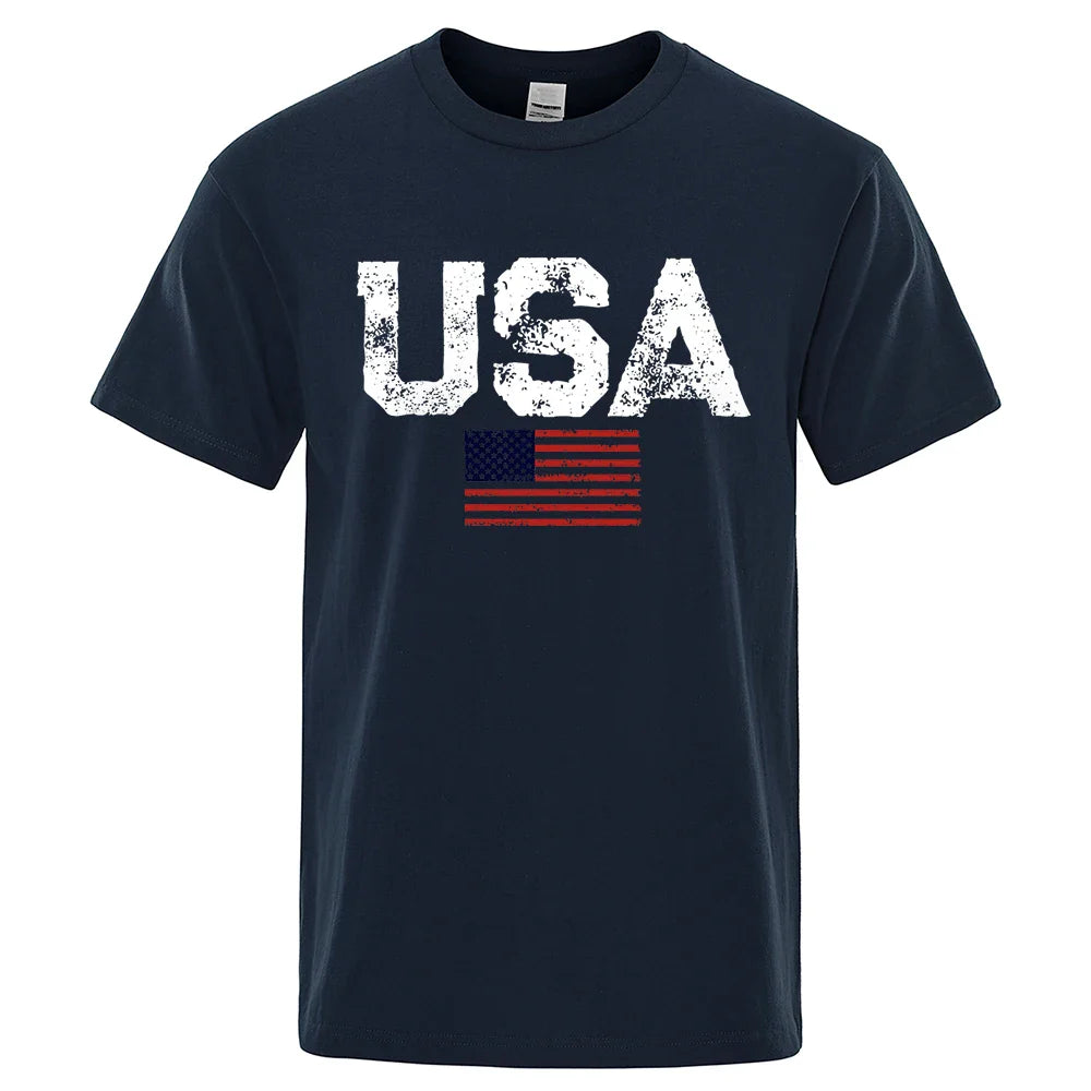 Vintage USA American Flag Print T-Shirt Men Women Patriotic Casual Cotton Tee Summer Outdoor Leisure Fashion Streetwear