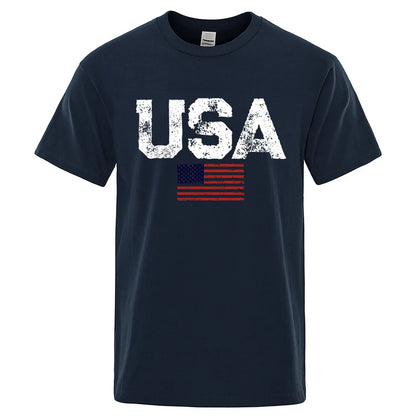 Vintage USA American Flag Print T-Shirt Men Women Patriotic Casual Cotton Tee Summer Outdoor Leisure Fashion Streetwear