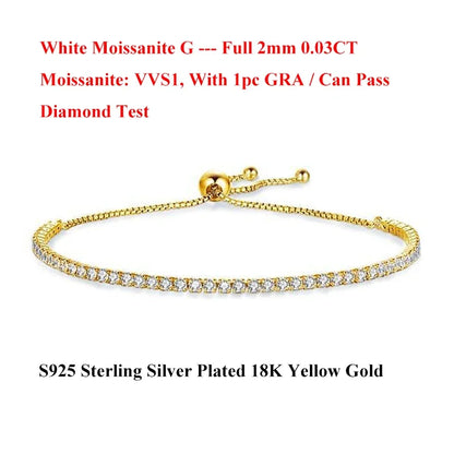 Full 2mm 0.03CT Moissanite Diamond Tennis Bracelet for Woman 925 Silver Plated 18K Rose Gold Adjustable Link Bracelets Gift