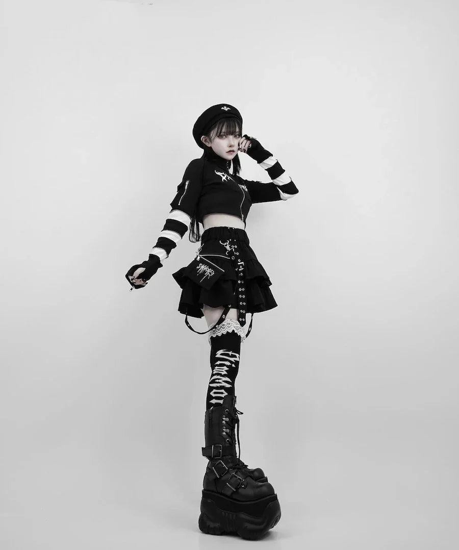 Japanese Style Mine Harajuku Punk Metal Buckle with Packet Decorative Ruffled Short Skirt Sweet Cool Girl Women's Plaid Skirt