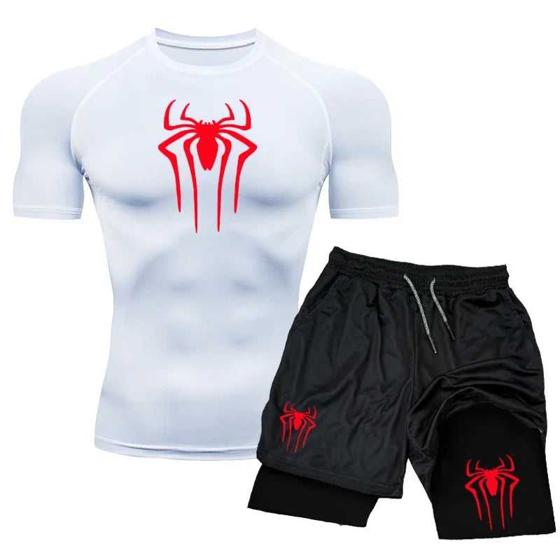 New Compression Set Spider Print Sportwear for Men Quick Dry GYM Shorts+Shirt 2PCS Quick Dry Short Sleeve Trainning Sport Suit