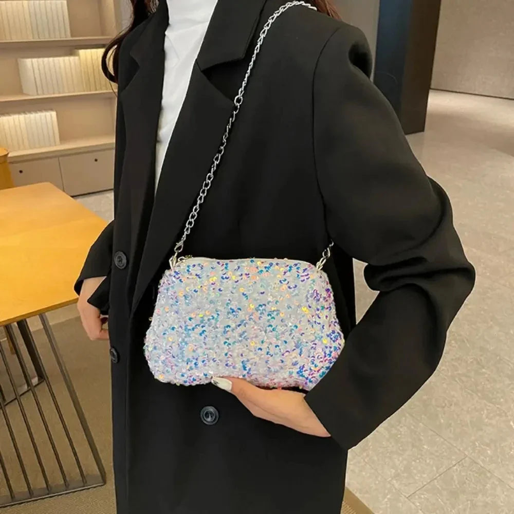 Solid Color Sequins Crossbody Bag Simple Chain INS Small Square Bag Handbag Underarm Bag Evening Clutch Bag Female