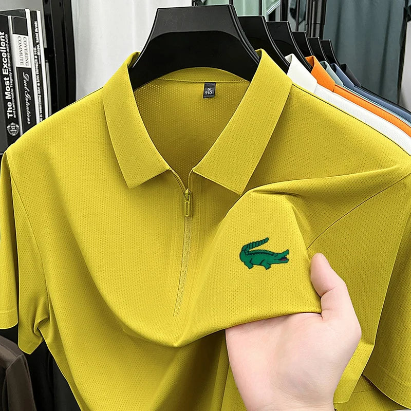 Men's Premium Textured Polo Shirt Seamless Half Zipper Crocodile Print Short Sleeve Summer Lapel T-Shirt Classic Men's Clothing