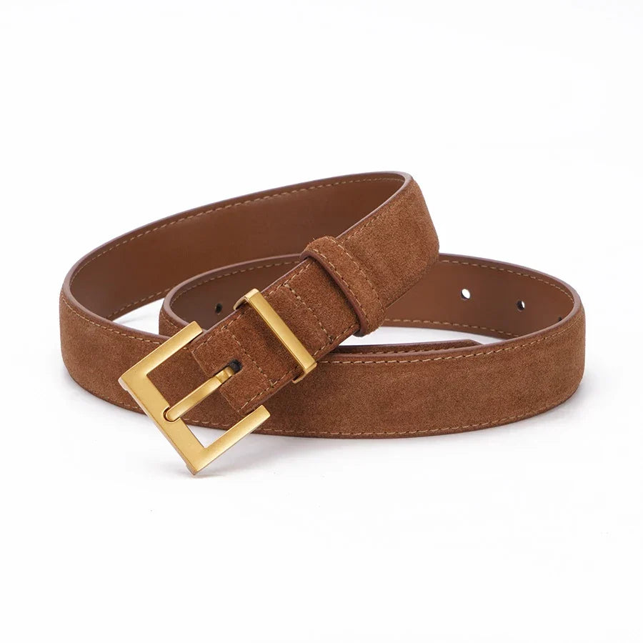 Trendy Cowhide Suede Belt for Women Casual Jeans Dress, Genuine Leather Belts with Square Alloy Buckle Waistband