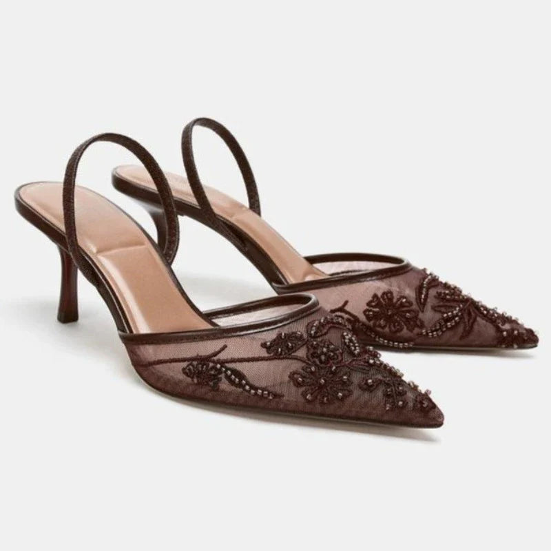 Luxury Mesh String Bead Design High Heels Women High Quality Hand Embroidery Heeled Sandals Elegant Banquet Slingback Dress Shoe