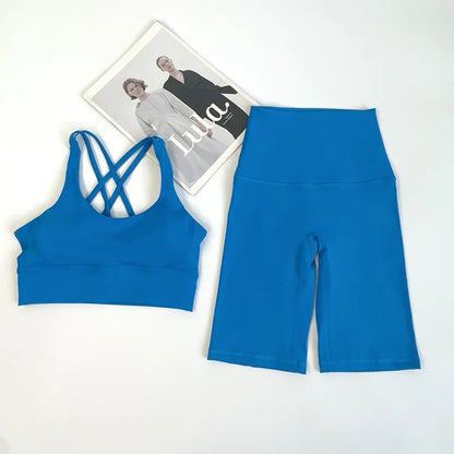 2 Pieces Yoga Shorts Gym Sports Sets Women Fitness Suits Cross Back Bra Top High Waist Shorts Running Workout Tracksuit👚👍️
