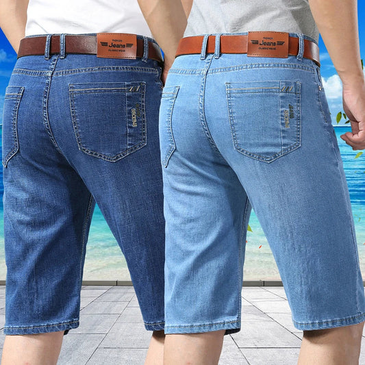 Summer Men Denim Shorts New Style Thin Embroidery Business Casual Straight  Short Jeans Male Brand Clothing Black Blue