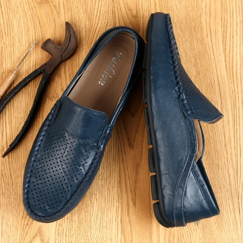 Italian Summer Hollow Shoes Men Casual Luxury Brand Genuine Leather Loafers Men Breathable Boat Shoes Slip On Moccasins