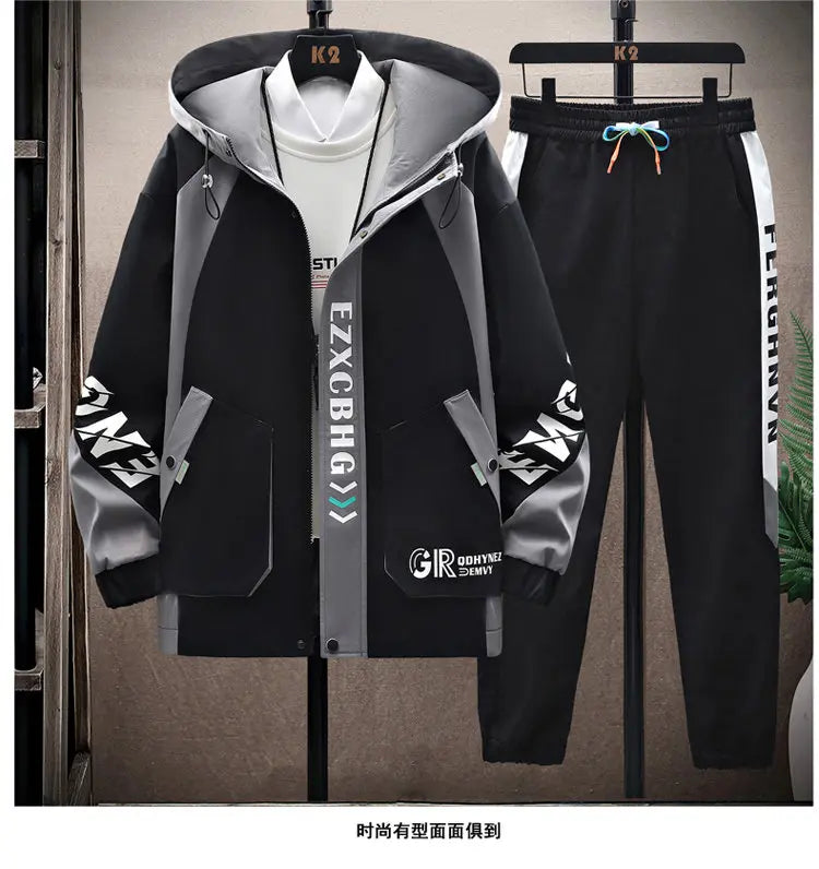 Spring Autumn Casual Men Sets Jacket + Pants Two Pieces Fashion Korean Trend Hooded Baseball Uniform Suit Man Outfit
